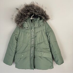 NWT Calvin Klein Jeans Toddler Girl Zip Puffer Jacket Hooded Coat Green Size 5/6